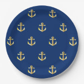 Chic Gold Yellow Nautical Anchors Pattern auf blau Pappteller (Vorderseite)