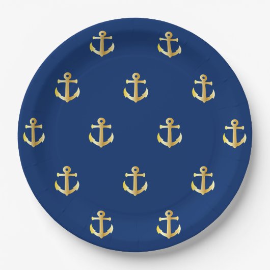 Chic Gold Yellow Nautical Anchors Pattern auf blau Pappteller (Vorderseite)