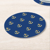 Chic Gold Yellow Nautical Anchors Pattern auf blau Runder Pappuntersetzer (Angewinkelt)