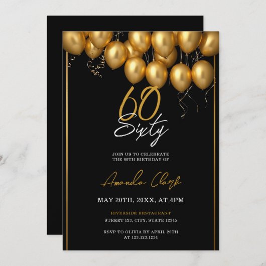 Chic Golden Balloons mit Confetti 60. Geburtstag Einladung (Vorne/Hinten)
