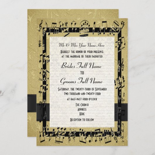 Chic golden elegante Musik Blatt formale Hochzeit Einladung (Vorne/Hinten)