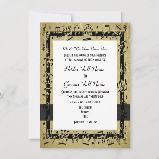 Chic golden elegante Musik Blatt formale Hochzeit Einladung (Vorderseite)