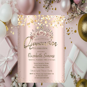 Chic Goldene Punkte, Florale Tiara Quinceañera  Einladung