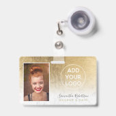 Chic Goldfolie Marmor Logo Logos Mitarbeiter Foto Ausweis (Vorderseite mit einziehbar)