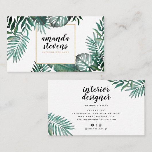 Chic Goldfolie weiß tropische grüne Wasserfarbe Visitenkarte (Vorne/Hinten)