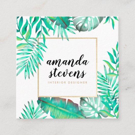 Chic Goldrahmen Aquarell tropische grüne Blätter Quadratische Visitenkarte (Vorderseite)