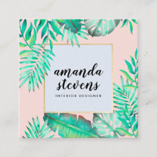 Chic Goldrahmen Rosa Aquarell tropisch Quadratische Visitenkarte