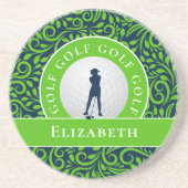 Chic Golfer Silhouette Individuelle Name Blue Gree Getränkeuntersetzer (Vorne)