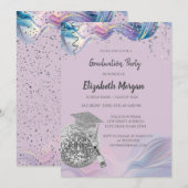 Chic Grad Cap,Disco Ball,Wine Violet Abstract Einladung (Vorne/Hinten)