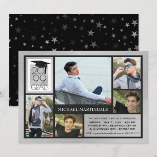 Chic GRAD Cap & Year Gestricktes Silber 5-Foto Einladung