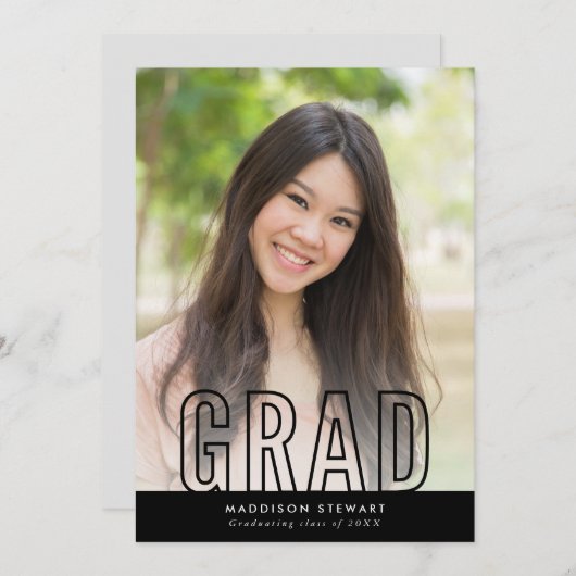 CHIC GRAD Modernes Foto Kontur Typ Overlay Schwarz Einladung (Vorne/Hinten)