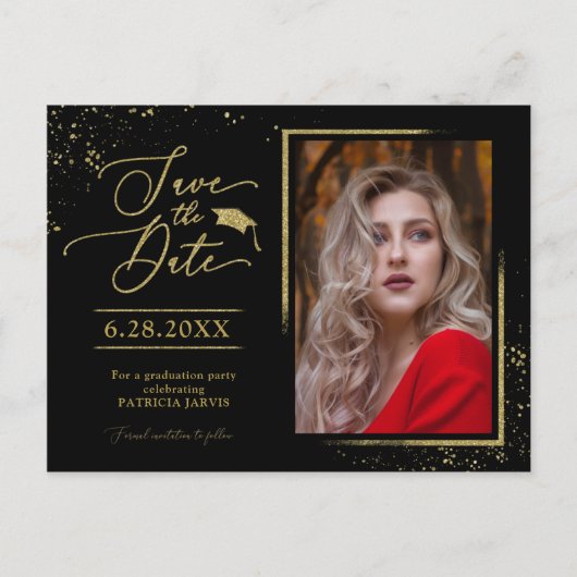 Chic Grad Party Save the Date Festivals Gold Glitz Postkarte (Vorderseite)