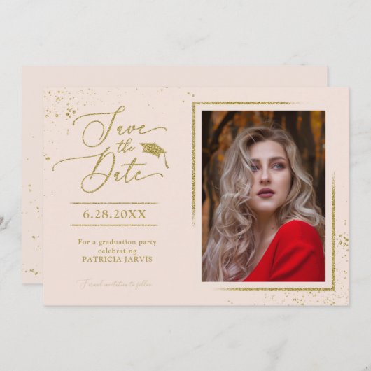 Chic Grad Party Save the Date Gold Glitzer Foto Einladung (Vorne/Hinten)