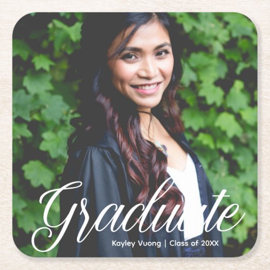 Chic Graduate Foto White Typografy Party Rechteckiger Pappuntersetzer (Vorderseite)