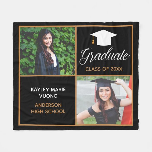 Chic Graduate Senior Foto Black Gold Abschluss Fleecedecke (Vorderseite (Horizontal))