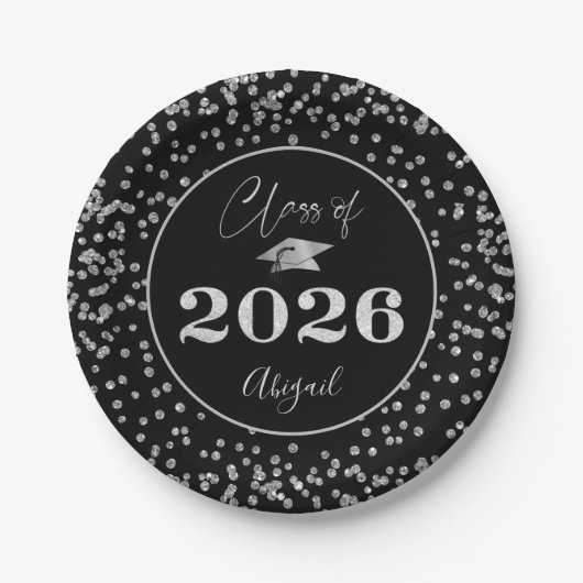 Chic Graduation Black Silver Glitter CLASS OF 2023 Pappteller (Vorderseite)