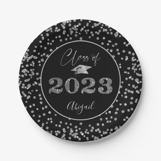 Chic Graduation Black Silver Glitter CLASS OF 2023 Pappteller (Vorderseite)