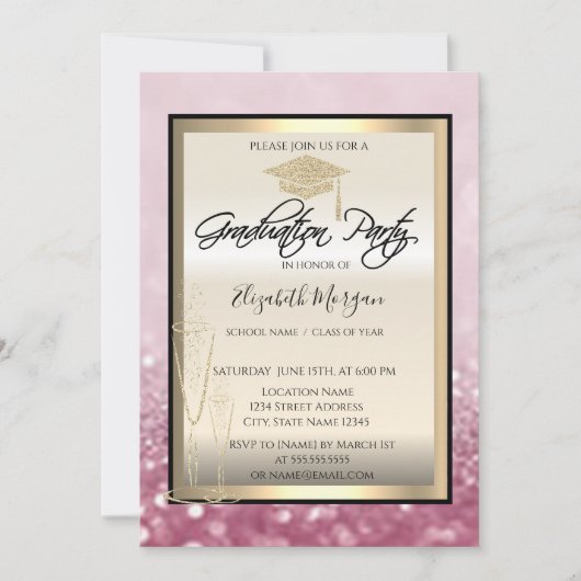 Chic Graduation Cap,Glass Glitzer Bokeh Abschluss Einladung (Vorderseite)