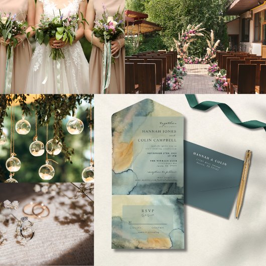 Chic Granite Blue Green Watercolor Wedding Programm