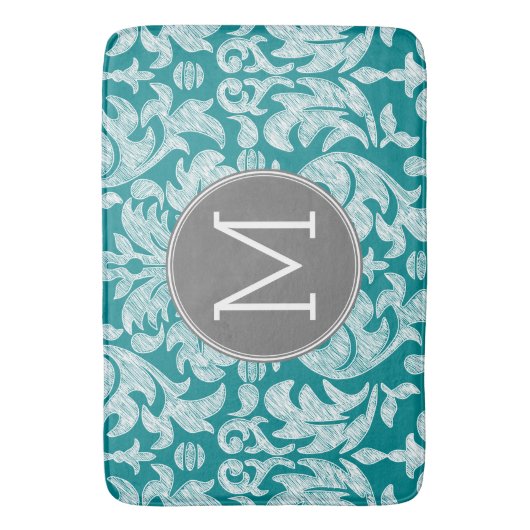 Chic Grau und Aquamarin Damask Muster Custom Monog Badematte (Vorderseite Vertikal)