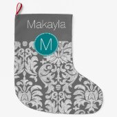 Chic Grau und Aquamarin Damask Muster Custom Monog Großer Weihnachtsstrumpf (Vorderseite)