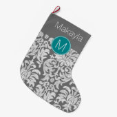 Chic Grau und Aquamarin Damask Muster Custom Monog Großer Weihnachtsstrumpf (Vorderansicht (hängend))