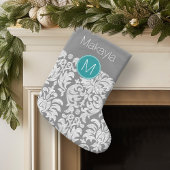 Chic Grau und Aquamarin Damask Muster Custom Monog Großer Weihnachtsstrumpf