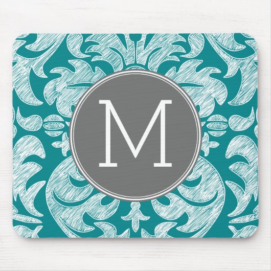 Chic Grau und Aquamarin Damask Muster Custom Monog Mousepad (Vorne)