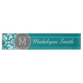 Chic Grau und Aquamarin Damask Muster Custom Monog Namensplakette (Vorderseite)