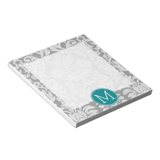 Chic Grau und Aquamarin Damask Muster Custom Monog Notizblock (angewinkelt)