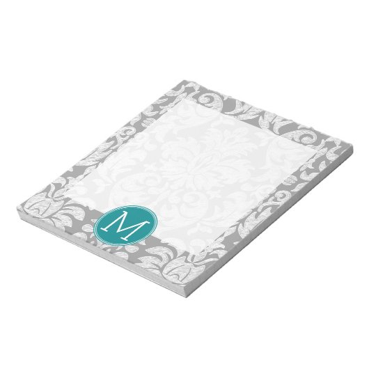 Chic Grau und Aquamarin Damask Muster Custom Monog Notizblock (Rotiert)