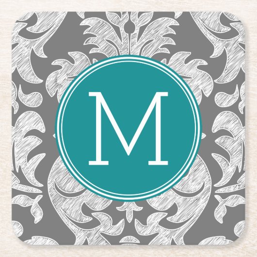 Chic Grau und Aquamarin Damask Muster Custom Monog Rechteckiger Pappuntersetzer (Vorderseite)