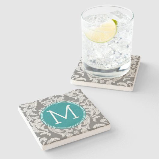 Chic Grau und Aquamarin Damask Muster Custom Monog Steinuntersetzer (Seitenansicht)