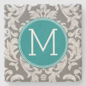Chic Grau und Aquamarin Damask Muster Custom Monog Steinuntersetzer (Vorderseite)