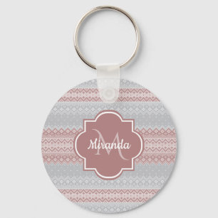 Chic Gray and Dusky Pink Strick Streifen und Monog Schlüsselanhänger