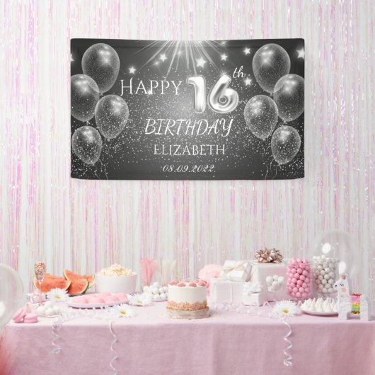 Chic Gray Balloons Stars 16. Geburtstag Banner (Party)