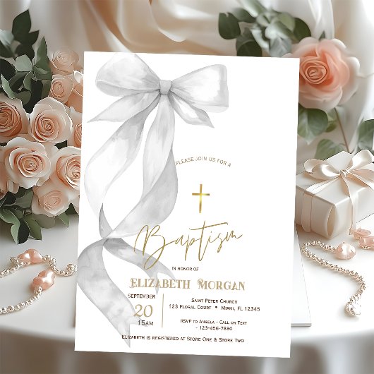 Chic Gray Bow Gold Cross Baptism Einladung