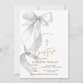 Chic Gray Bow Gold Cross Baptism Einladung (Vorderseite)
