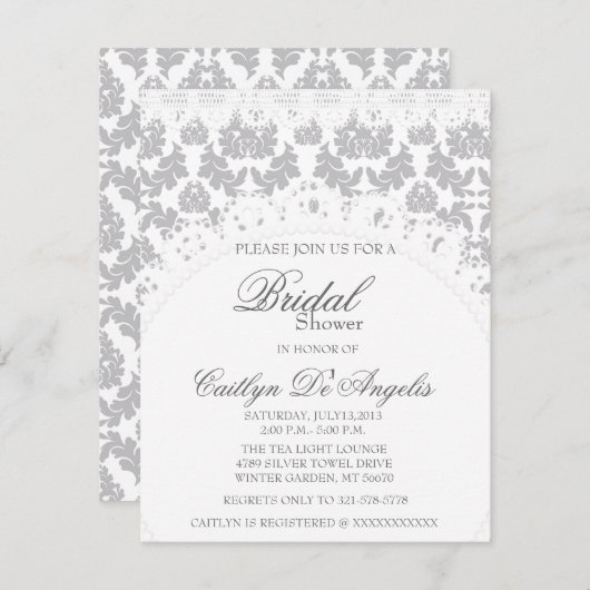Chic Gray Damask & White Lace Brautparty Einladung (Vorne/Hinten)