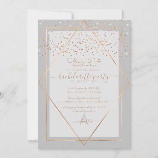 Chic Gray Gold Confetti Border Bachelorette Einladung (Vorderseite)