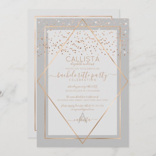 Chic Gray Gold Confetti Border Bachelorette Einladung (Vorne/Hinten)