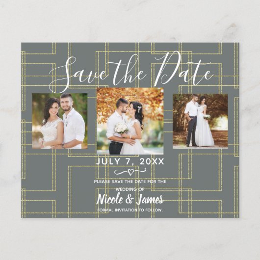 Chic Gray & Gold Geometric Glam Save the Date (Vorderseite)