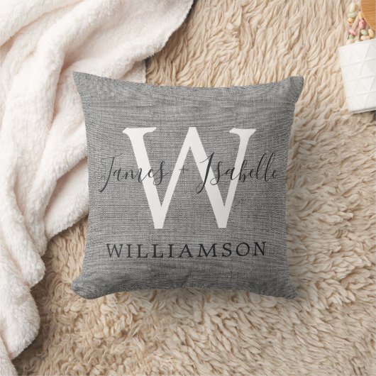 Chic Gray Linen New Monogram Wedding Keepake Kissen (Decke)