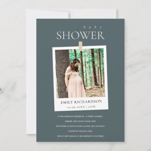 CHIC GRAY MINIMAL CUSTOM FOTO BABY SHOWITE EINLADE DANKESKARTE (Vorderseite)