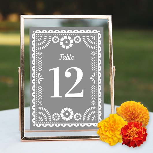 Chic Gray Papel Picado Wedding Tischnummer