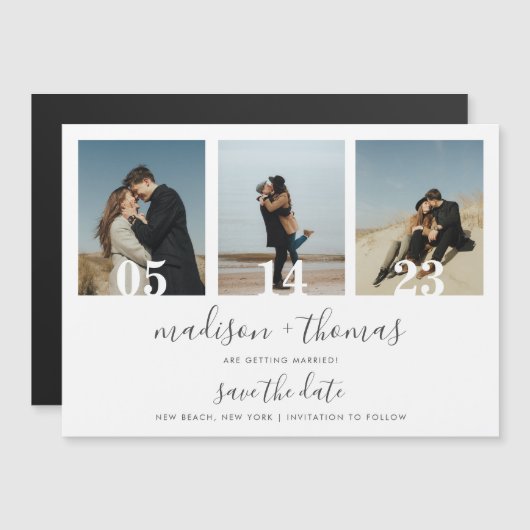 Chic Gray Script 3 Foto Wedding Save the Date Magneteinladung (Vorne/Hinten)