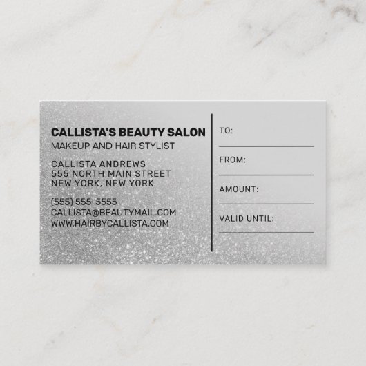 Chic Gray Silver Glitzer Gradient Geschenkgutschei Visitenkarte (Rückseite)