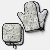Chic Gray White Blume Ofenhandschuh & Topflappen-Set (Vorderseite/Rückseite)