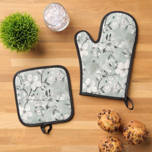 Chic Gray White Blume Ofenhandschuh & Topflappen-Set (Oben Unten)