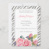 Chic Gray Zebra Print Pink Roses Brautparty Einladung (Rückseite)